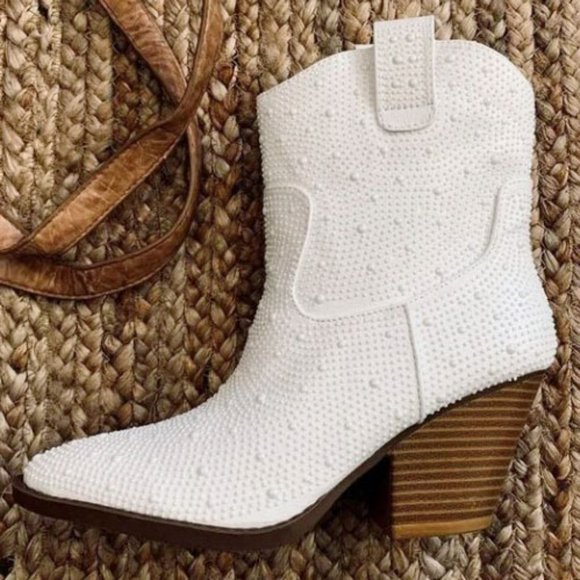 New Ivory Faux Pearl Cowboy Cowgirl Western Heel Ankle Boots Booties - Picture 4 of 7
